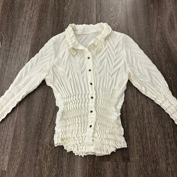 Babette Vintage Ivory Micropleat Button Front Top XS Long Sleeve Sculpted Blouse - Picture 16 of 16